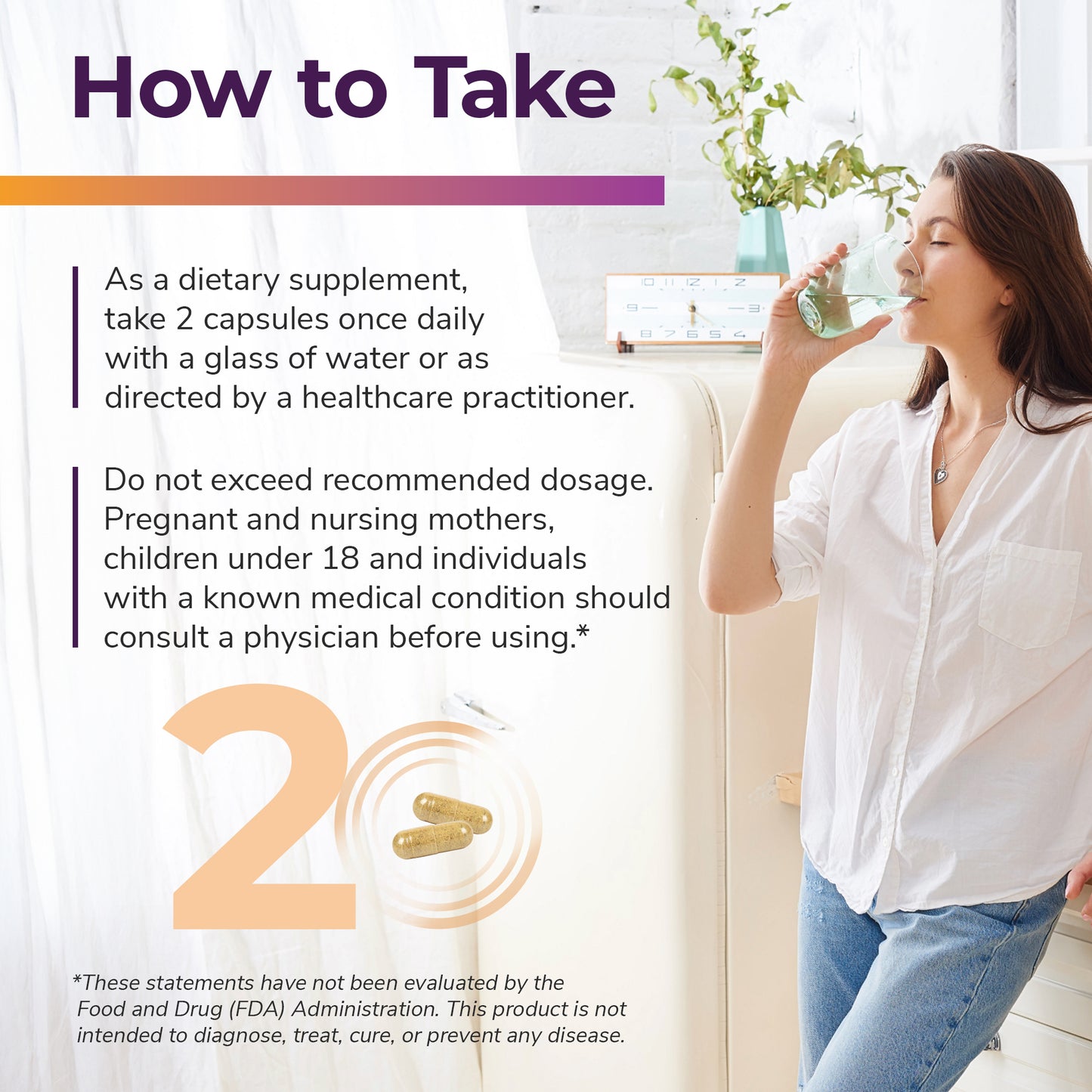A woman drinking water and instructions of how to take Glucobalance Pro.