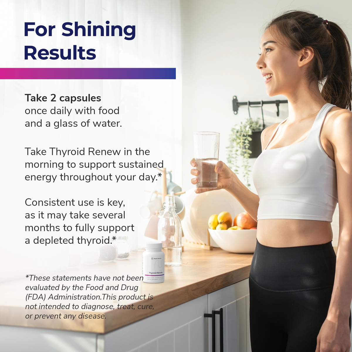A woman happily holding a glass of water and instructions how to take Thyroid Renew.