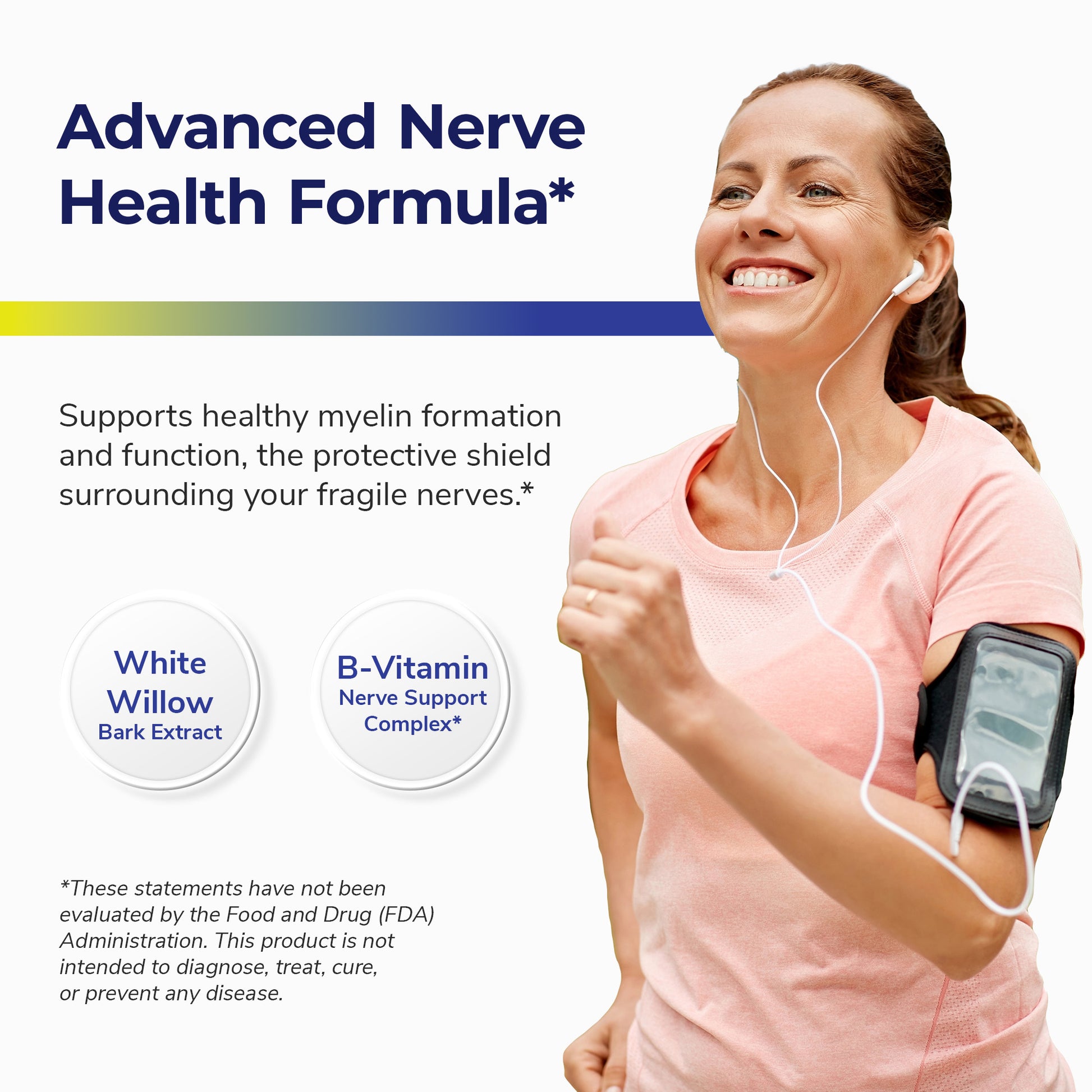 A woman happily running with headphones, with text on 'Advanced Nerve Health Formula' in the background.