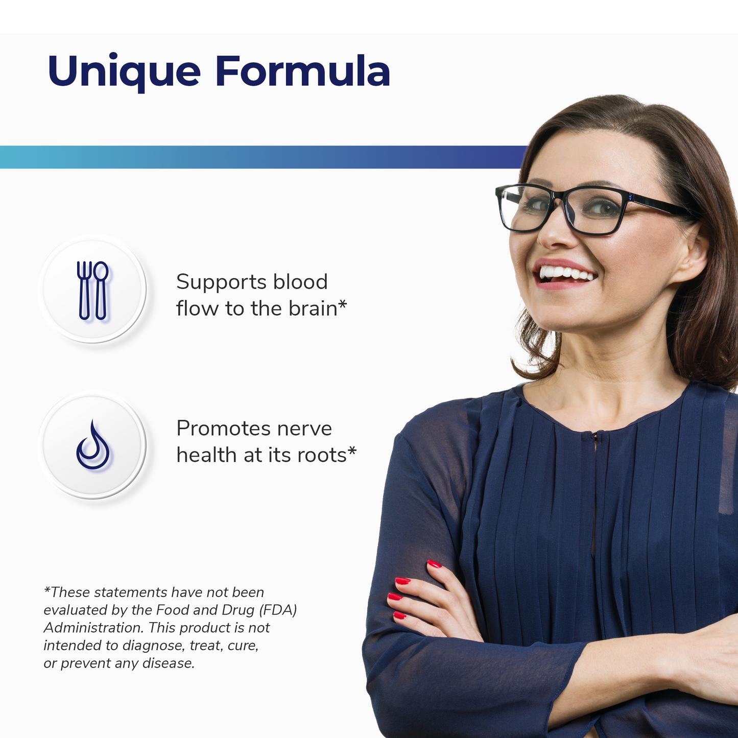 A smiling woman with glasses crossing her arms, with a header reading 'Unique Formula' and a list of benefits.