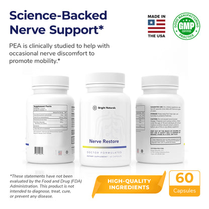 Bright Naturals Nerve Restore bottles with labels showing 'Doctor Formulated,' 'Made in the USA,' and 'GMP Certified.'