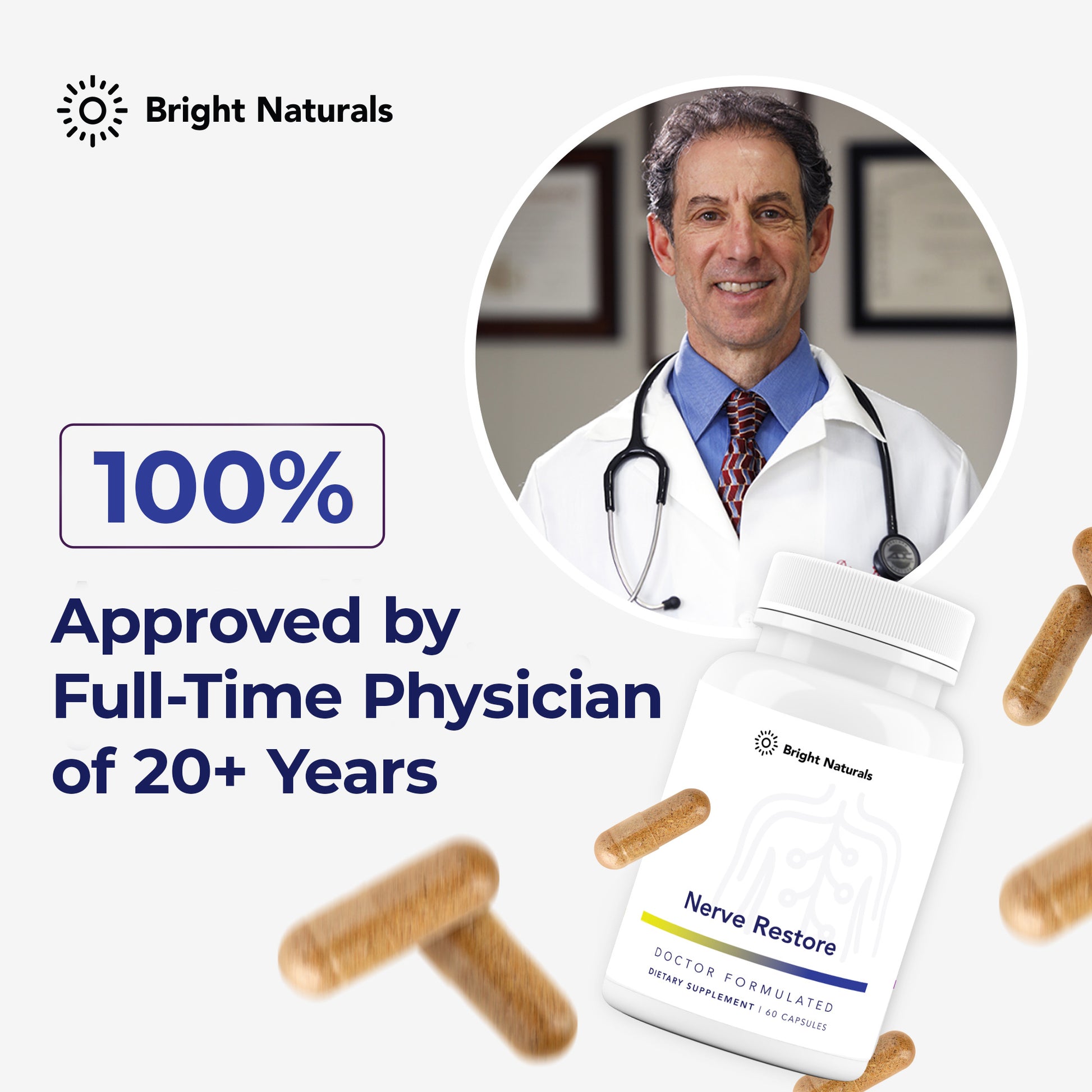 A header reading '100% Approved by Full-Time Physician of 20+ Years,' with Dr. Rick Cohen above a bottle of Nerve Restore and falling capsules.