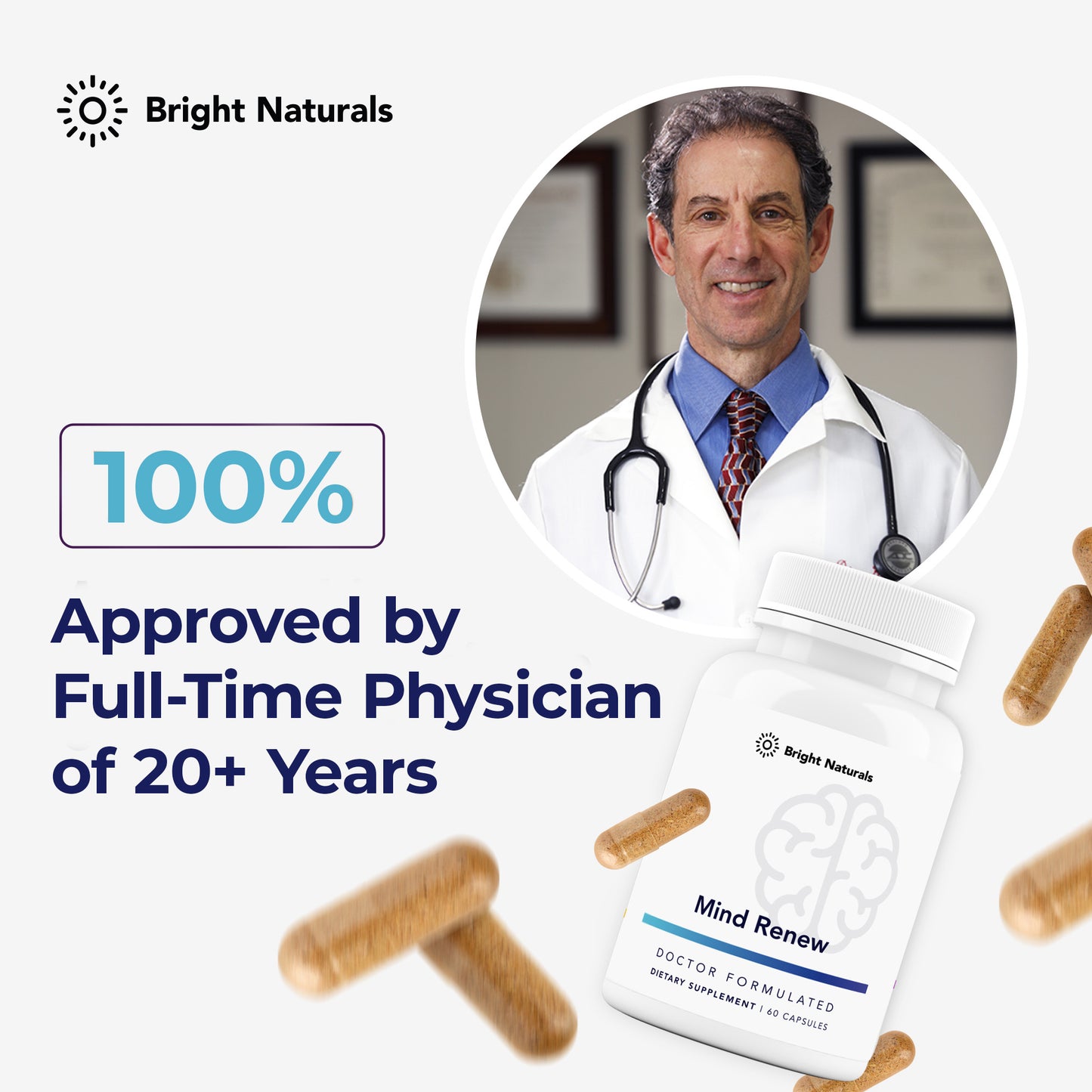 A header reading '100% Approved by Full-Time Physician of 20+ Years,' with Dr. Rick Cohen above a bottle of Mind Renew and falling capsules.