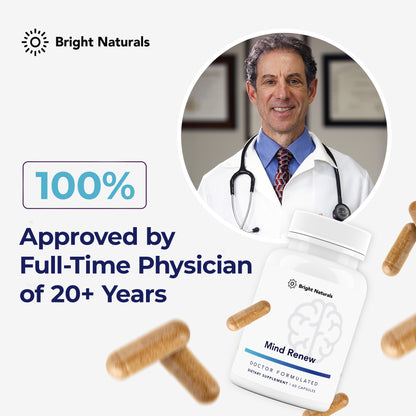 A header reading '100% Approved by Full-Time Physician of 20+ Years,' with Dr. Rick Cohen above a bottle of Mind Renew and falling capsules.