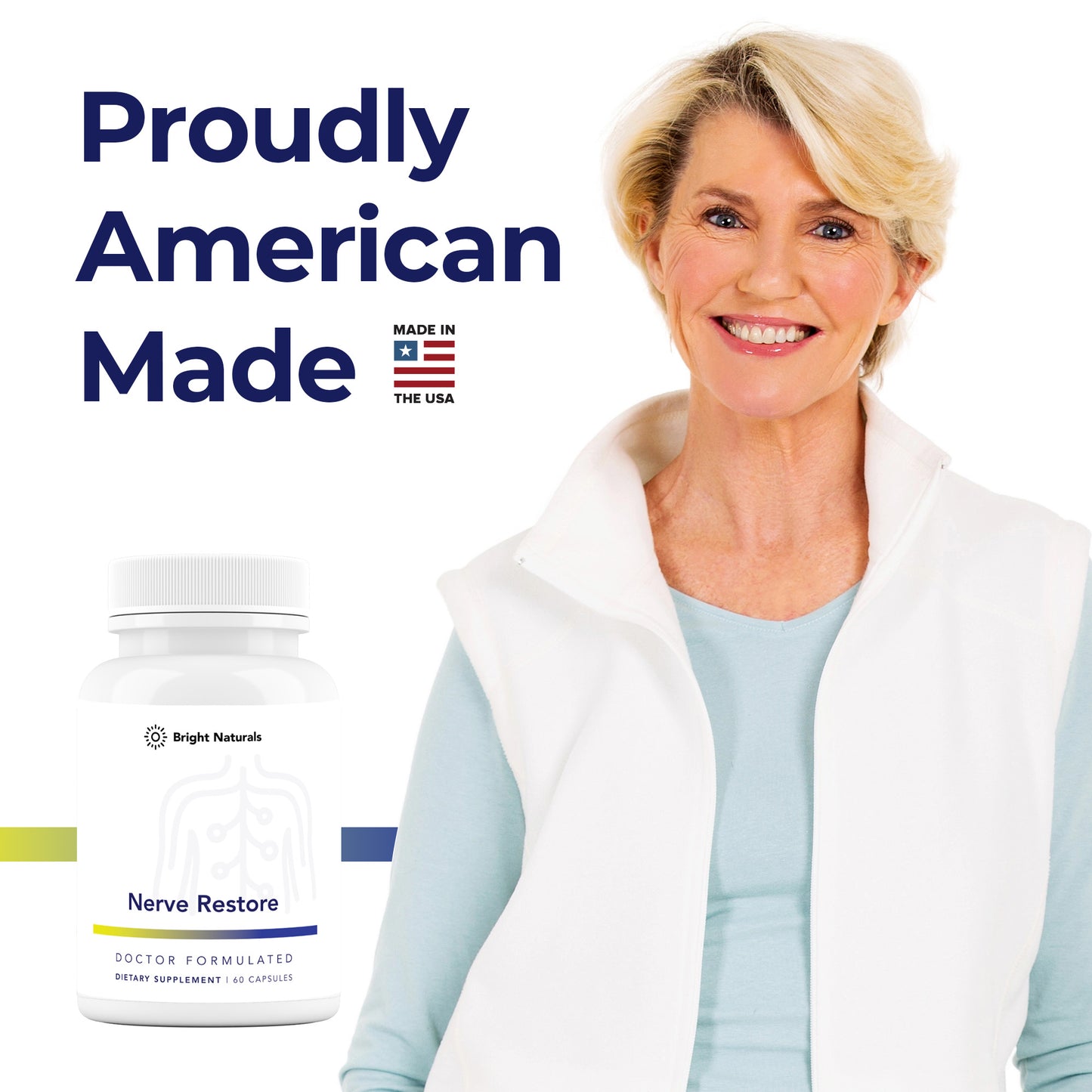 A smiling older woman near a bottle of Nerve Restore and a header reading 'Proudly American Made'.