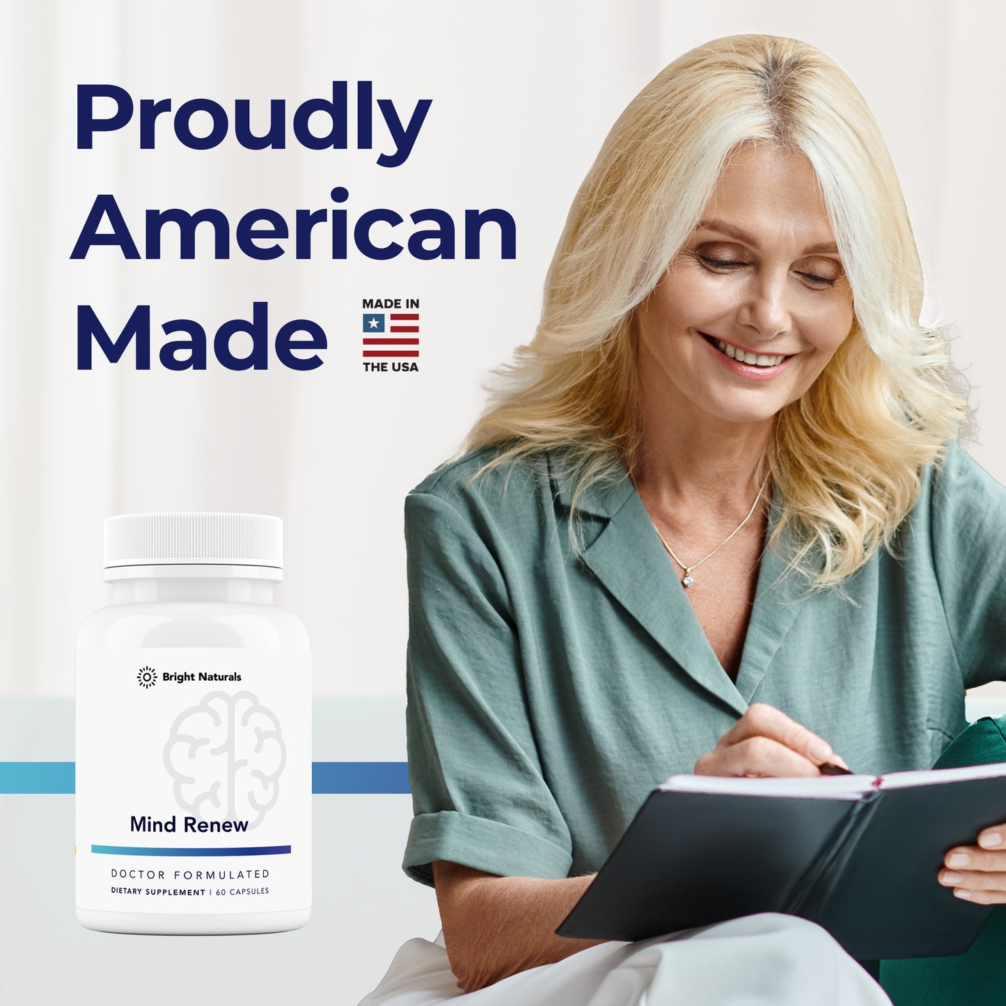 A smiling older woman reading a book near a bottle of Mind Rene and a header reading 'Proudly American Made'.